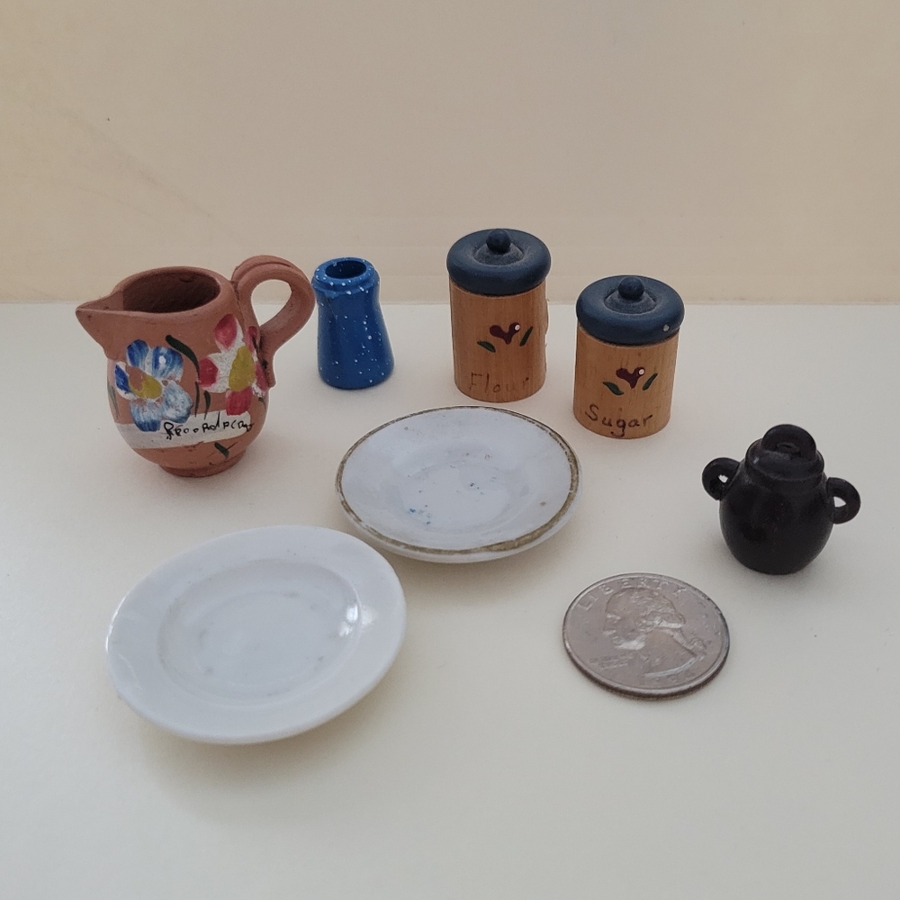 Lot Of Vintage Ceramic & Wood Miniature Dollhouse Kitchen Goods